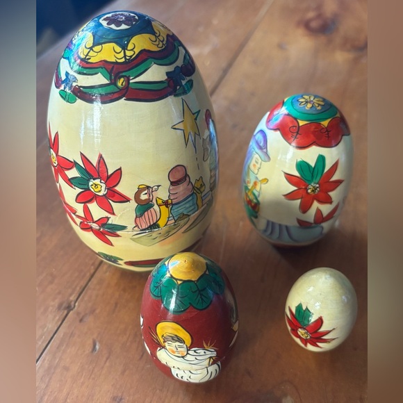 Terry Village Other - VNTG - Terry Village, Hand Painted, Wooden Nesting Eggs, Nativity/Poinsettia